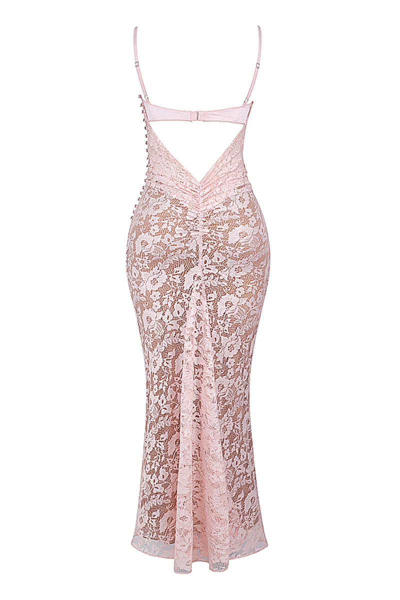 Floral Lace Backless Slim Fit Spaghetti Strap Maxi Dresses-Pink