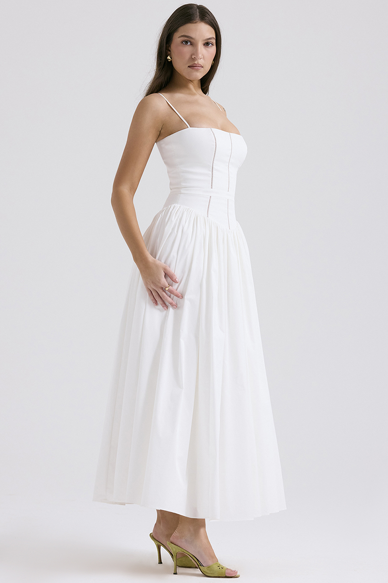 Spaghetti Strap Boat Neck Cinch Waist Pleated Hem Maxi Dresses-White