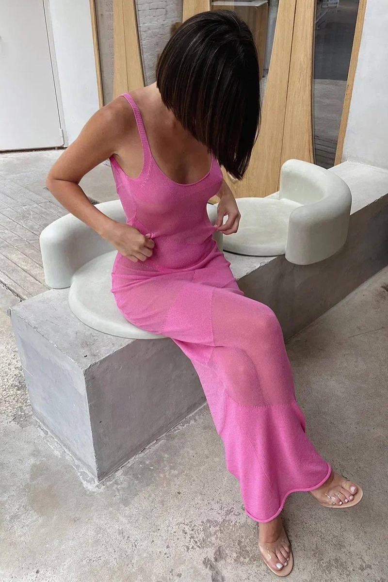 Knit See Through Slim Fit Backless Swimwear Cover Ups Slip Maxi Dresses-Black