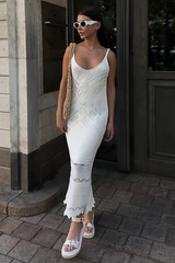 Knit Hollow Out Pattern Deep V Neck Midi Slip Dresses-White