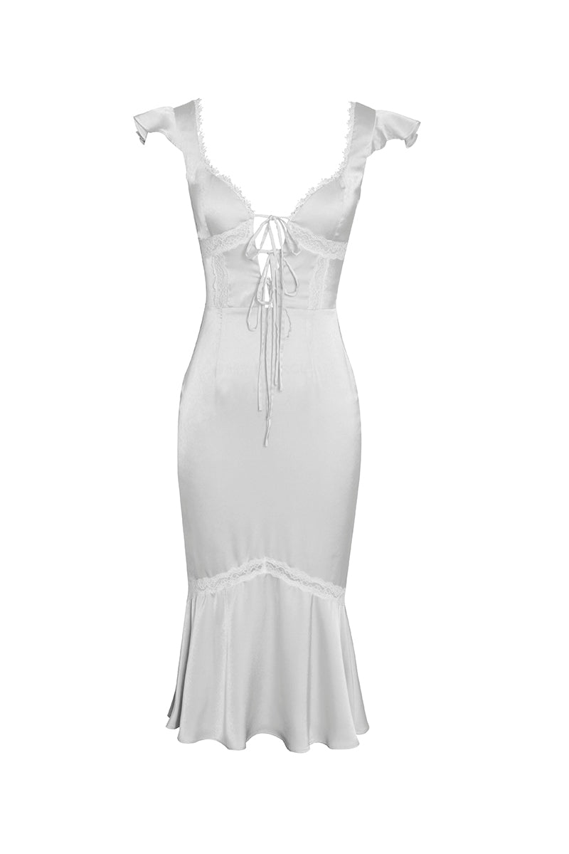 Irregular Neck Lace-Up Lace Trim Fishtail Midi Dresses-White Pre Order