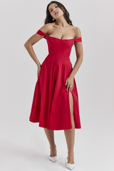 Dropped Shoulder Corset A-Line Slit Solid Color Midi Dresses-Red