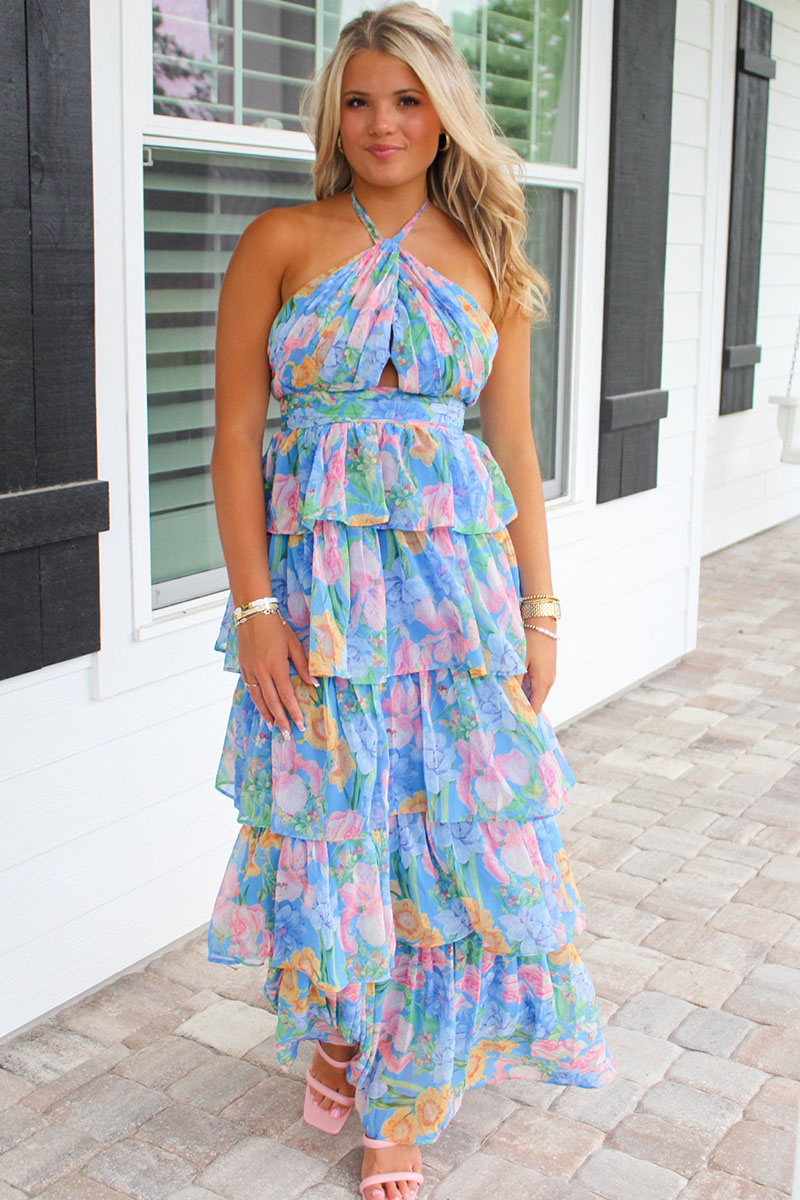 Halter Floral Print Backless Ruffle Layered Maxi Dresses-Blue Pre Order