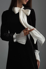 Bow Neckline Flared Sleeve A-Line Velvet Midi Dresses-Black