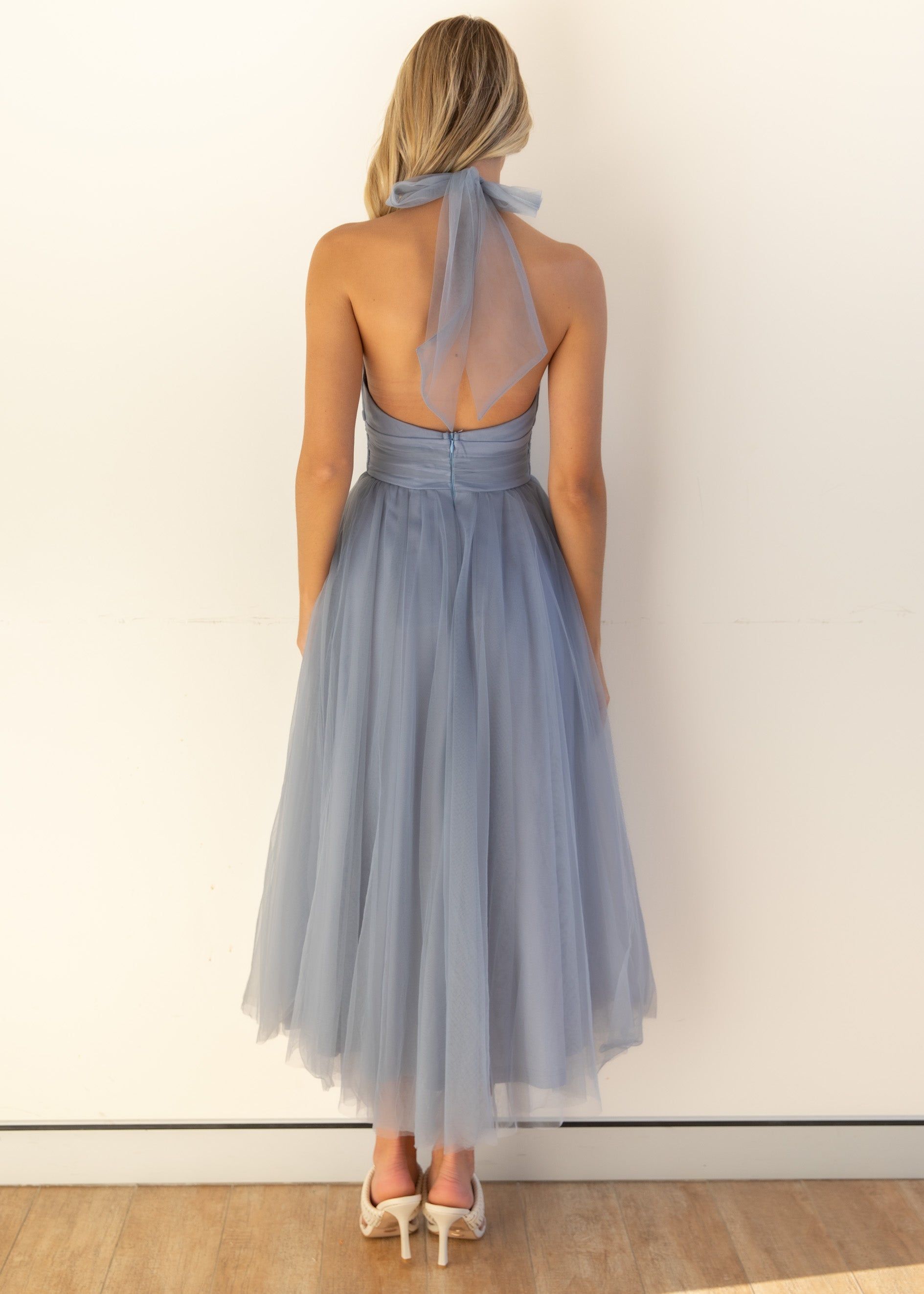 Tulle Halter Bow Backless Prom Maxi Dresses