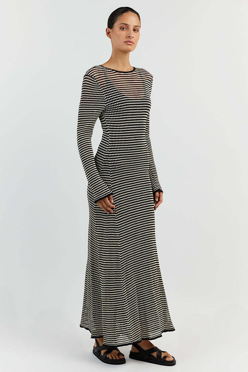 Knit Striped Pattern Long Sleeve Slim Fit Vacation Maxi Dresses-Black