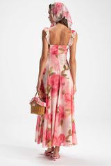 Ruffle Trim Floral Print Sleeveless Vacation Maxi Dresses-Pink