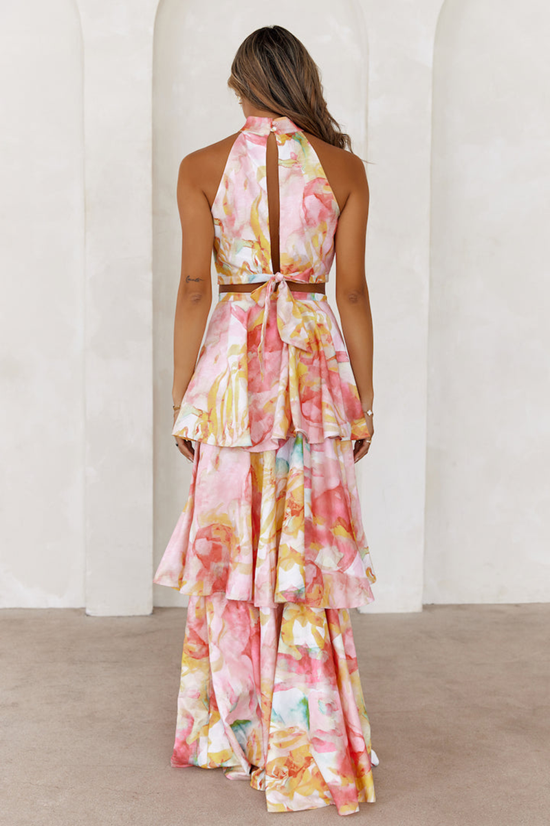 Multicolor Pattern Crop Top Tiered Maxi Skirt Matching Set-Pink