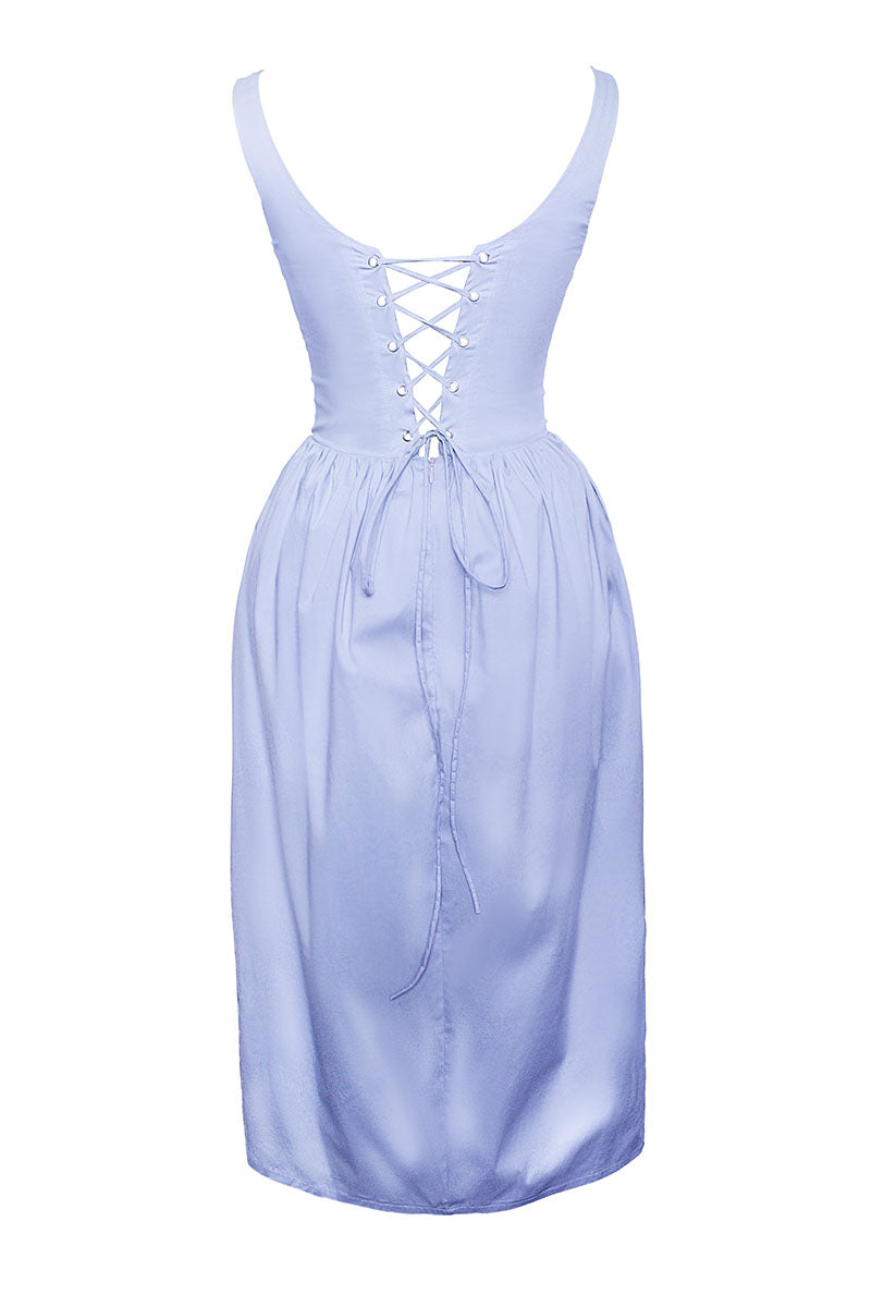 Cowl Neck Lace Up Cinch Waist Solid Color Midi Dresses-Blue Pre Order