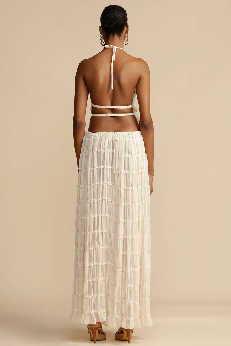 Solid Color Pleated Halter Backless Crop Top Ruffled Trim Maxi Skirt Matching Set-White