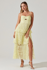 Floral Pattern Tiered Pleated Slit Hem Midi Slip Dresses-Yellow