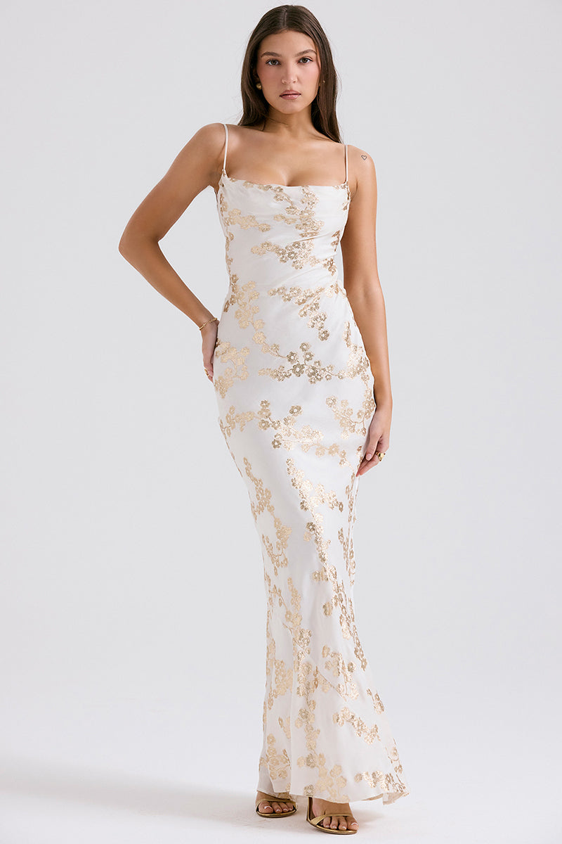 Shimmering Floral Pattern Lace Up Backless Fishtail Hem Slip Maxi Dresses-White
