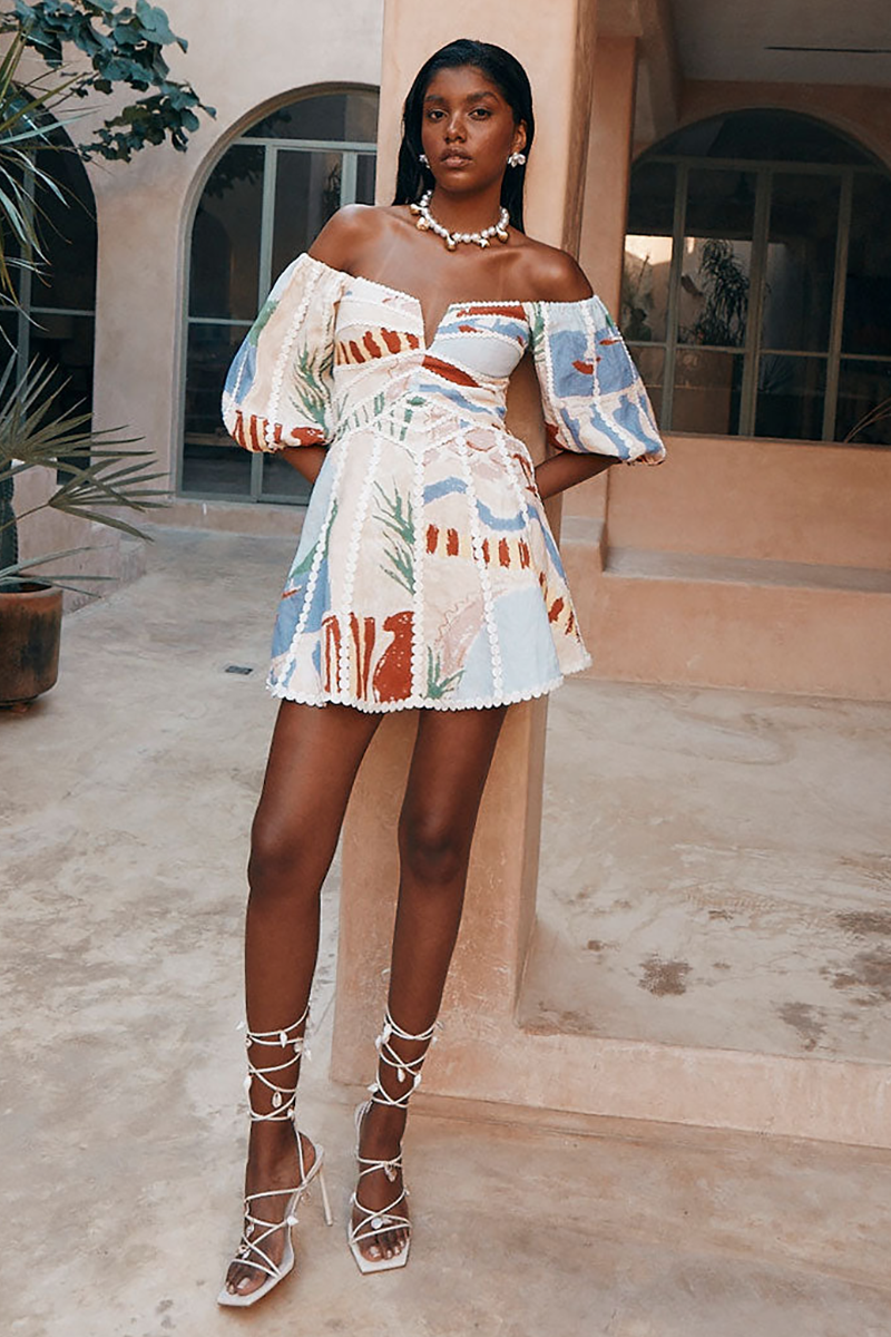 Painting Print Off Shoulder Puff Sleeve A-Line Mini Dresses-Beige
