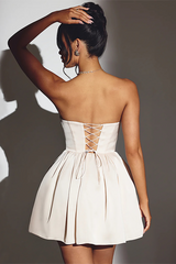 Sweetheart Neckline Strapless Cinch Waist Back Lace Up Mini Dresses-White