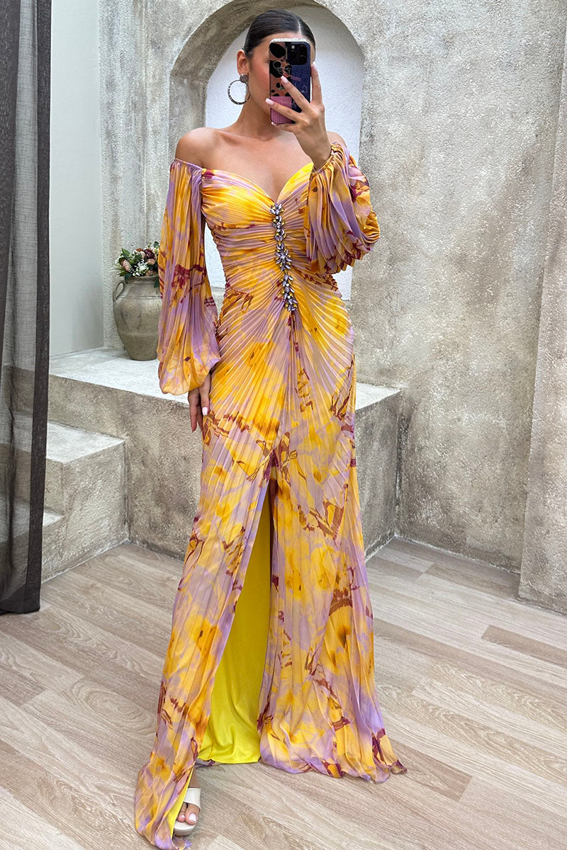 Pattern Print Pleated Off Shoulder Lantern Sleeve Slit Gowns Maxi Dresses-Yellow