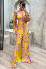 Pattern Print Pleated Off Shoulder Lantern Sleeve Slit Gowns Maxi Dresses-Yellow