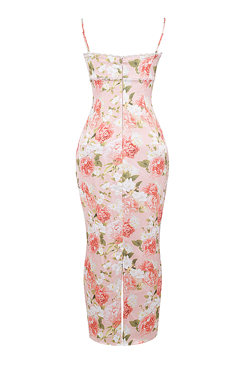 Floral Print Lace Trim Spaghetti Strap Back Slit Hem Slim Fit Maxi Dresses-Pink