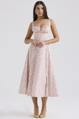 Ditsy Floral Print Front Tie Up Cinch Waist Slip Midi Dresses-Pink