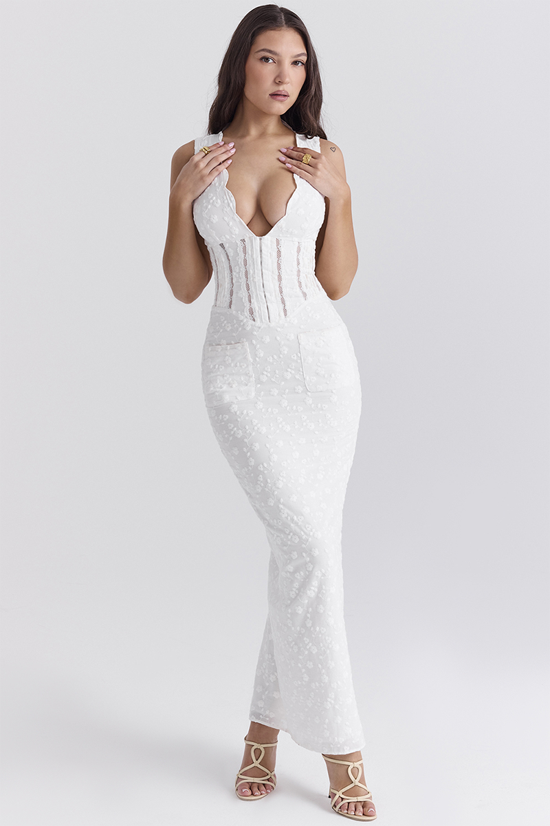 Deep V Neck Cinch Waist Floral Embroidery Maxi Tank Dresses-White