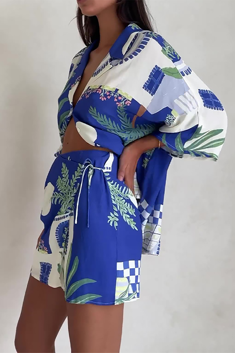 Plants Print 3/4 Sleeve Blouse High Waist Shorts Matching Set-Blue