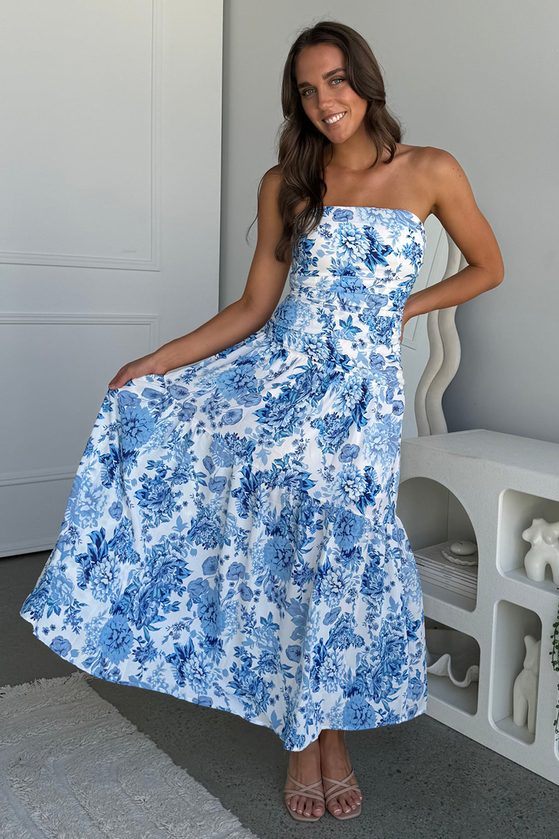 Floral Print Boat Neck Strapless A-Line Maxi Dresses-Blue