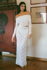 Floral Lace Off Shoulder Long Sleeve Crop Top Maxi Skirt Matching Set-White