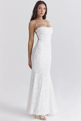 Jacquard Lace Back Lace Up Fishtail Hem Slip Maxi Dresses-White