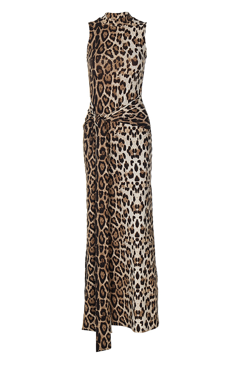 Leopard Print Mock Neck Sleeveless Tie Up Slim Fit Maxi Dresses-Brown
