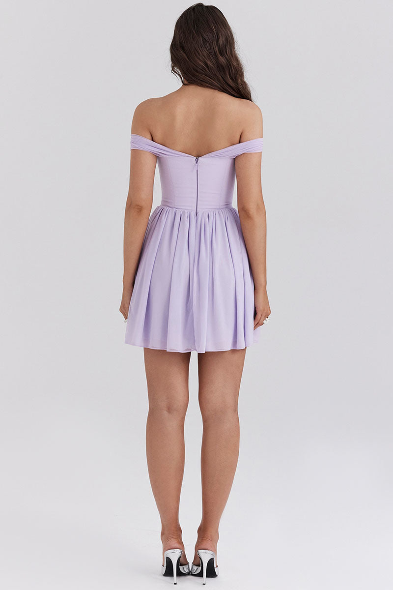Off Shoulder Tie Up Bow Cinch Waist Ruched Mini Dresses-Purple
