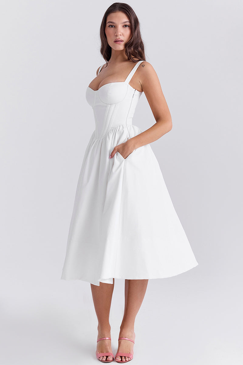 Spaghetti Strap Corset Lace Up Pocket Slit Midi Dresses-White