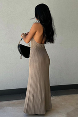 V Neck Halter Pleated Solid Color Knit Backless Maxi Dresses-Brown