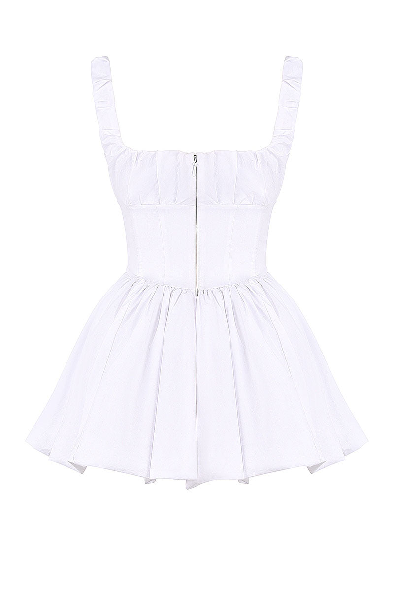 Square Neck Ruched Cinch Waist Bubble Hem Mini Dresses-White