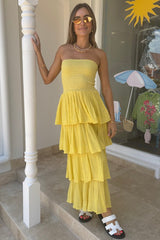 Smocking Tiered Layered Sleeveless Plain Tube Maxi Dresses-Yellow