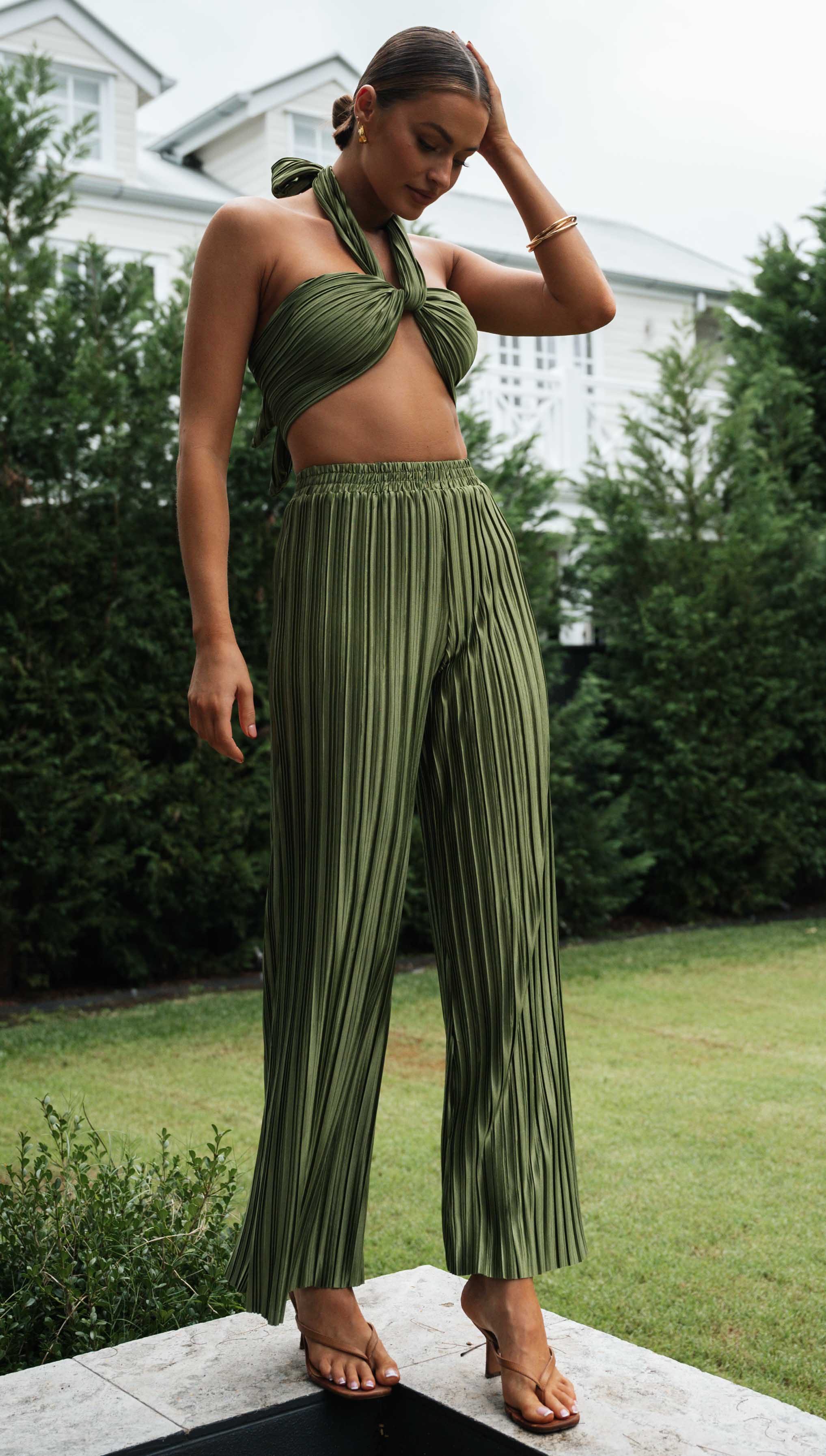Two Piece Pleated Halter Pant Set