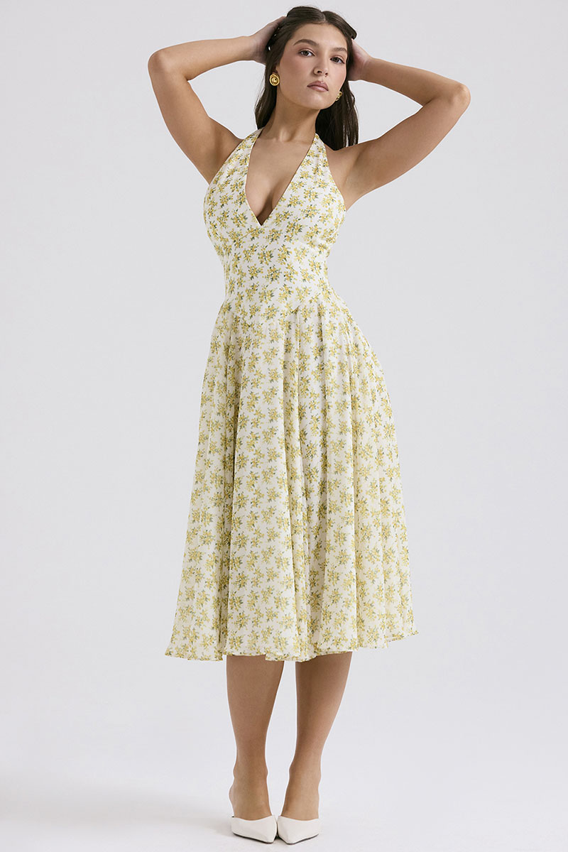 V Neck Halter Cinch Waist Floral Print Pleated Wedding Guest Midi Dresses-Yellow