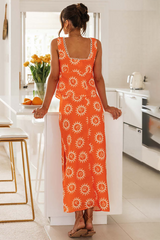 Abstract Pattern Square Neck Tie Up Tank Top Slit Maxi Skirt Matching Set-Orange