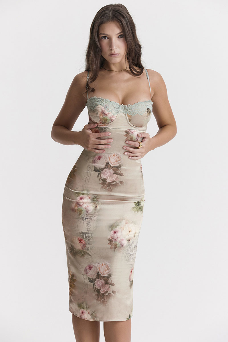Floral Print Lace Trim Bustier Cocktail Party Cami Midi Dresses