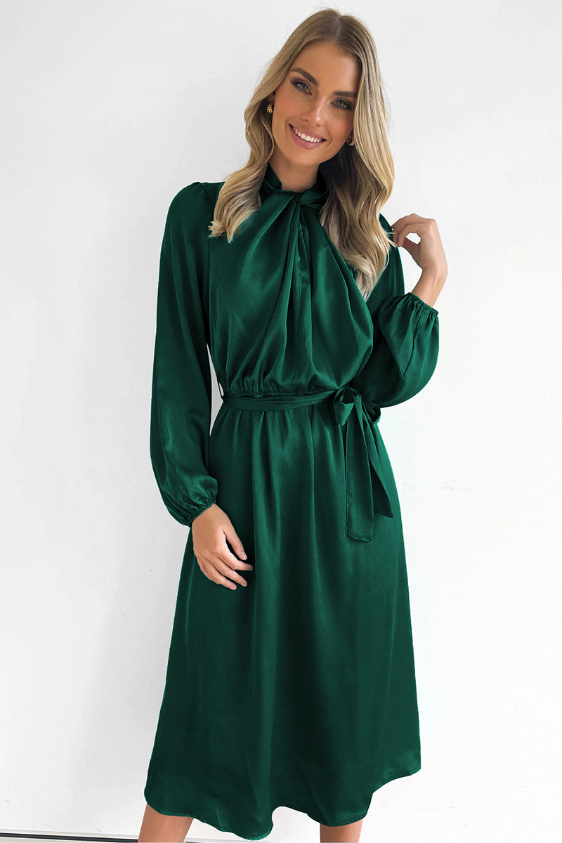 Ruched Knotted Long Sleeve Satin Midi Dresses