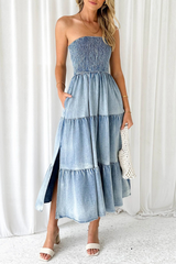 Boat Neck A-Line Side Slit Denim Distressed Midi Tube Dresses-Blue