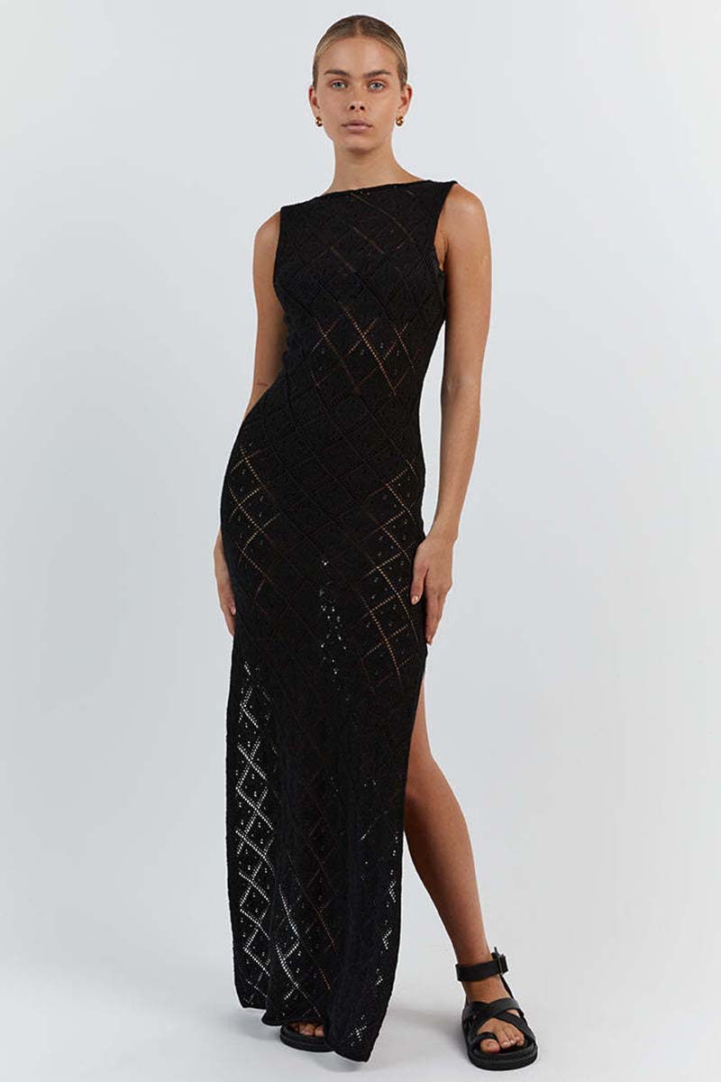 Hollow Out Boat Neck Sleeveless Knitted Bodycon High Slit Cover Up White Maxi Dresses