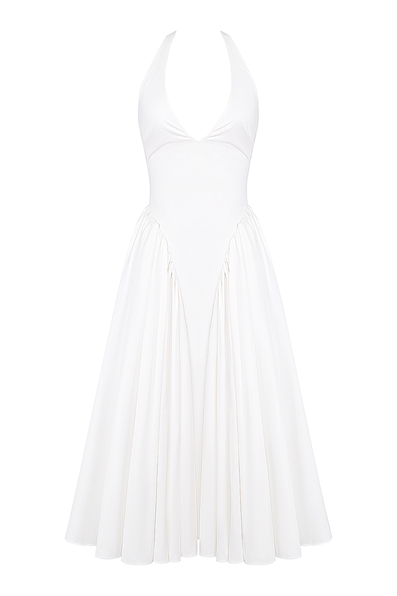 Deep V Neck Halter Cinch Waist Plain Midi Dresses-White