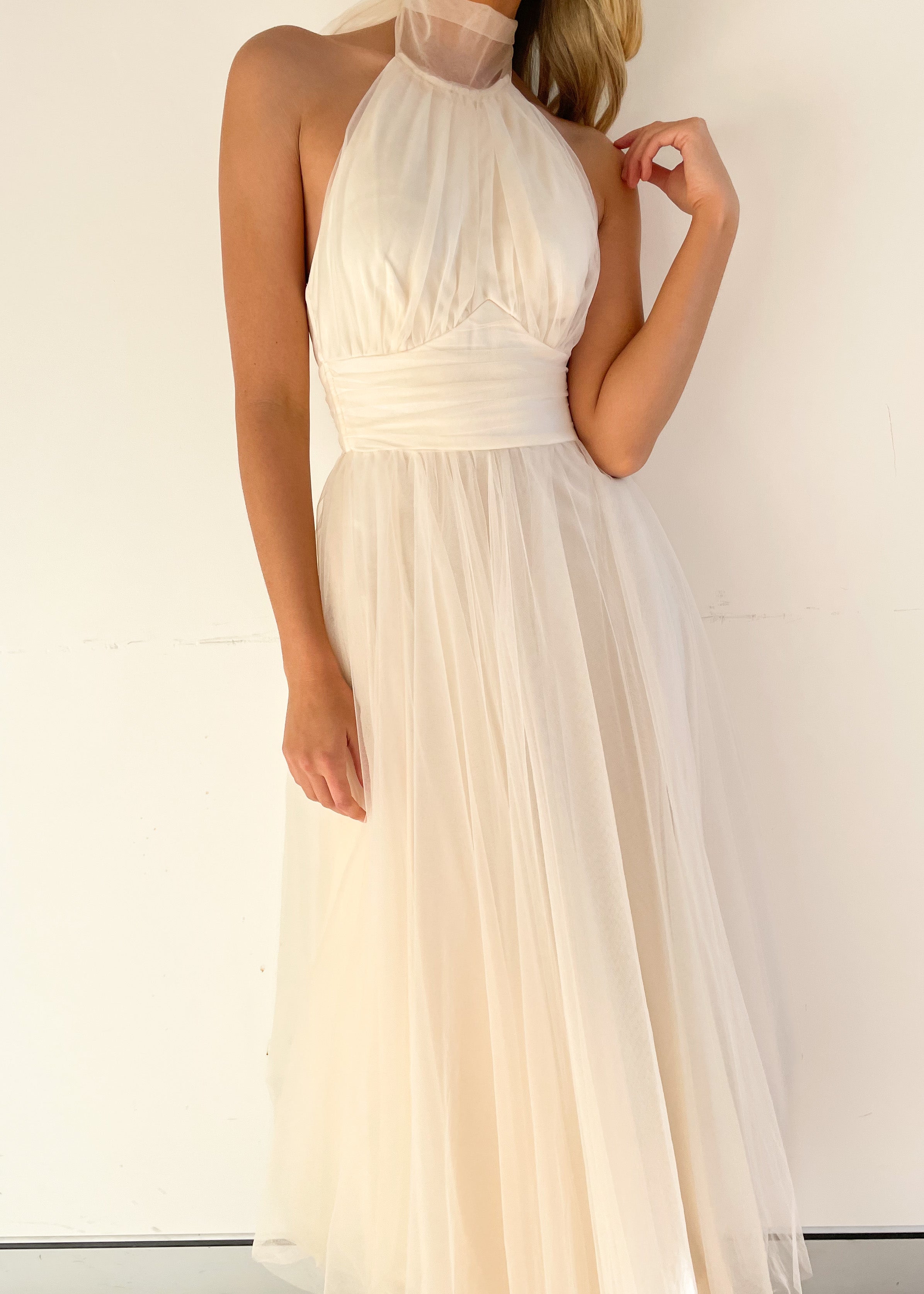Tulle Halter Bow Backless Prom Maxi Dresses