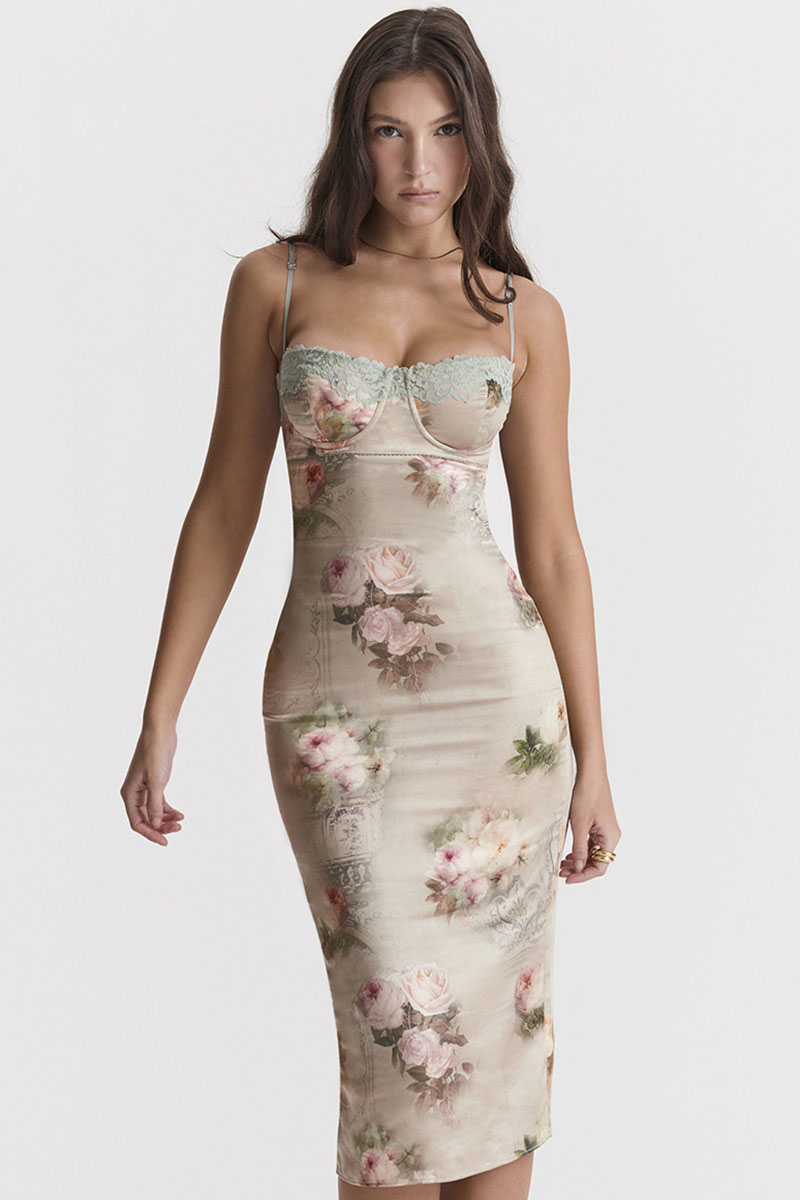 Floral Print Lace Trim Bustier Cocktail Party Cami Midi Dresses