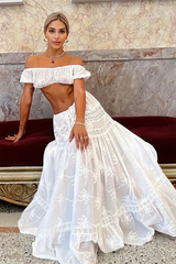 Floral Jacquard Off Shoulder Crop Top Maxi Skirt 2pcs Set-White Pre Order