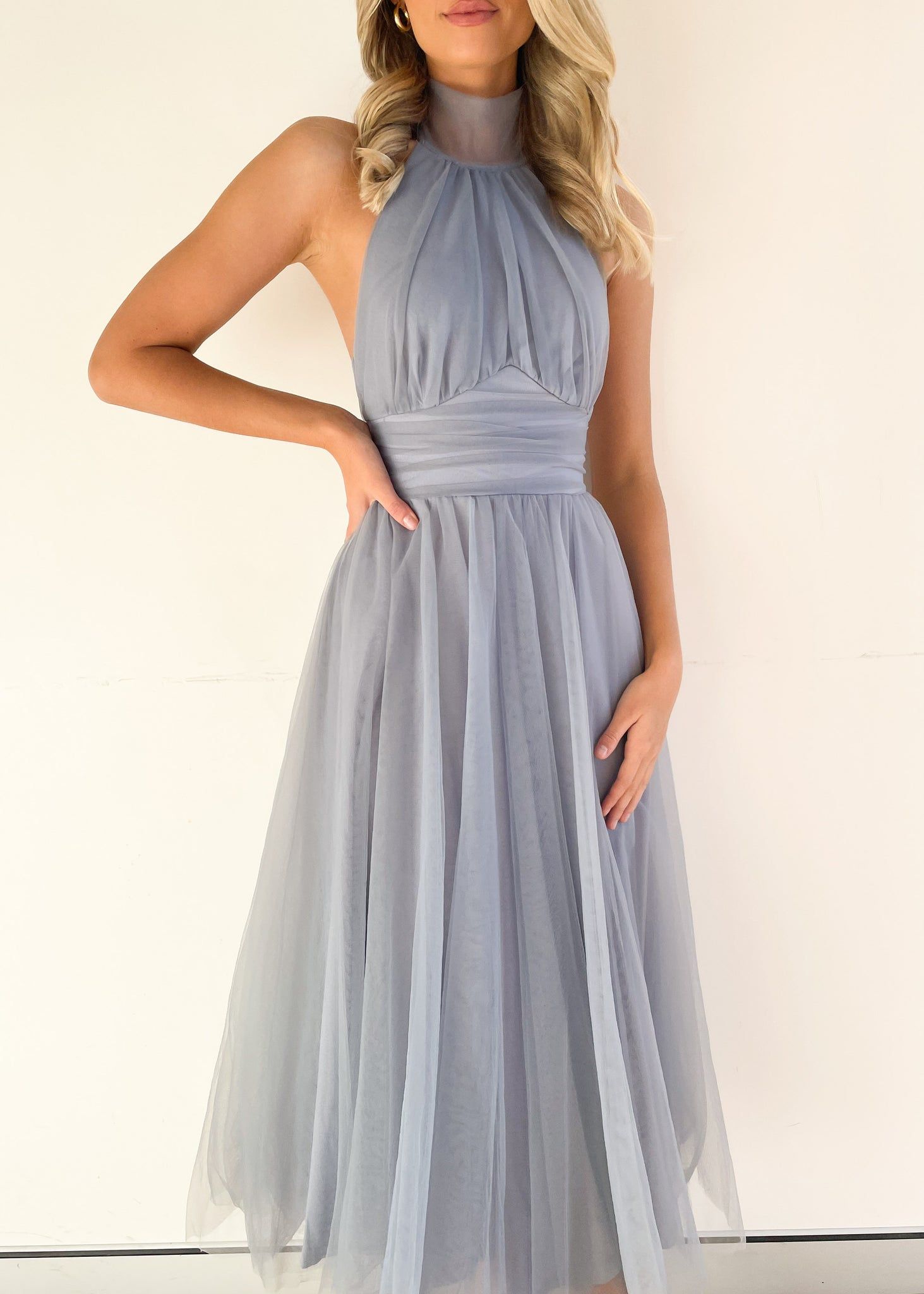 Tulle Halter Bow Backless Prom Maxi Dresses