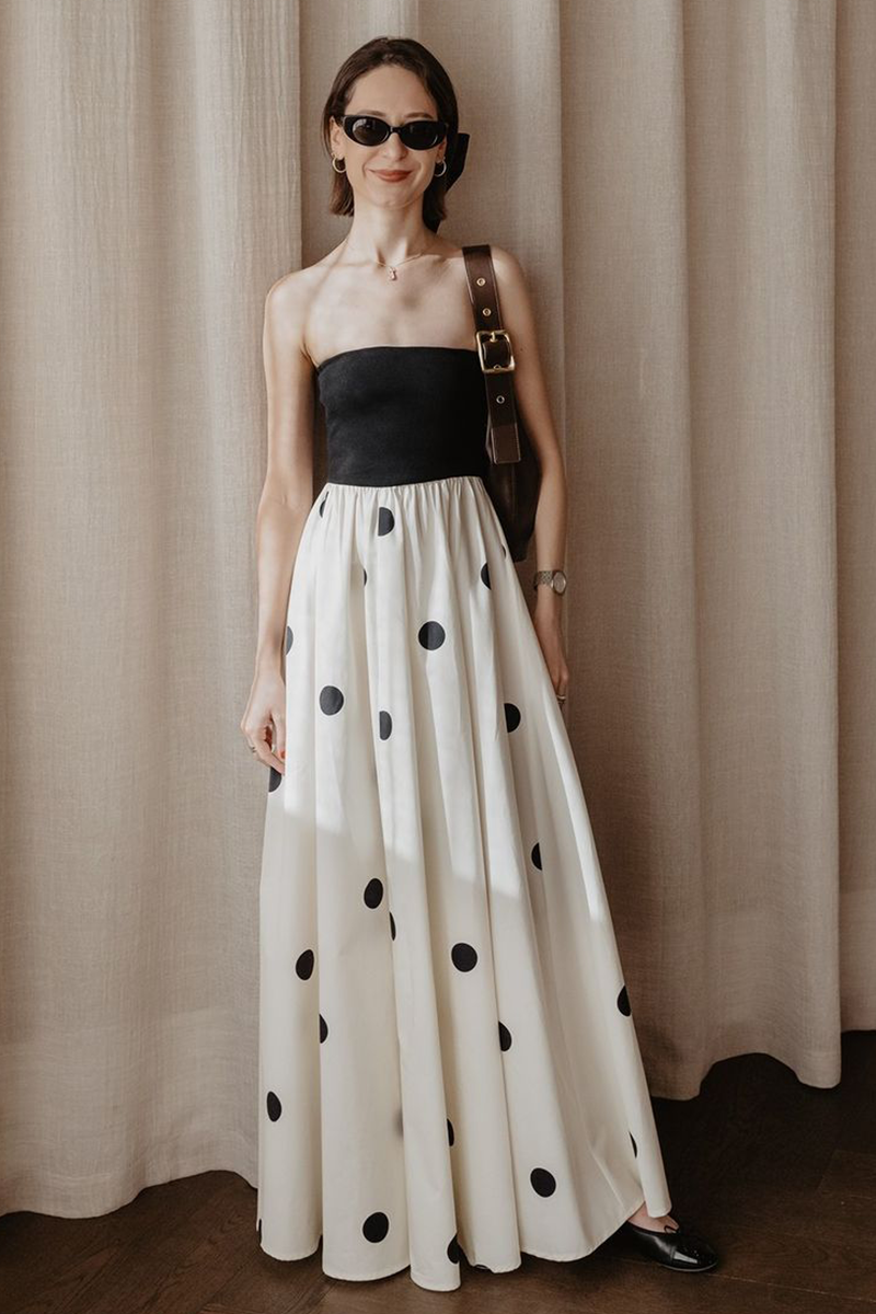 Strapless Colorblock Polka Dot Print A-Line Maxi Dresses-Black