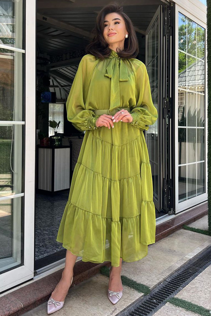 Long Bell Sleeve Mesh Knotted High Neckline Tiered Maxi Dresses
