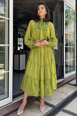 Long Bell Sleeve Mesh Knotted High Neckline Tiered Maxi Dresses