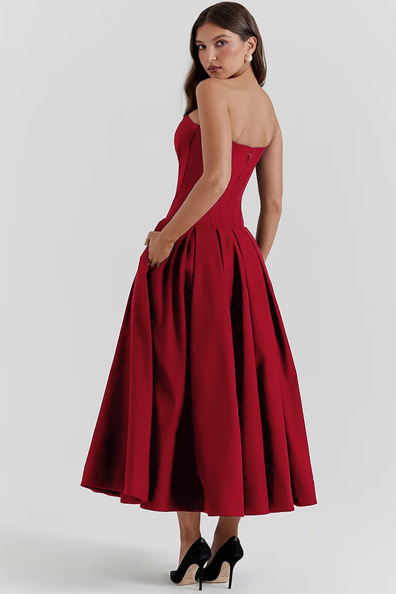 Deep V Neck Strapless Corset A-Line Pleated Midi Dresses-Black