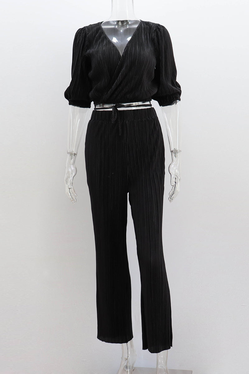 Haif Puffy Sleeve V Neck Tied Up Crop Top Straight Leg Pants Pleated Slim Matching Sets